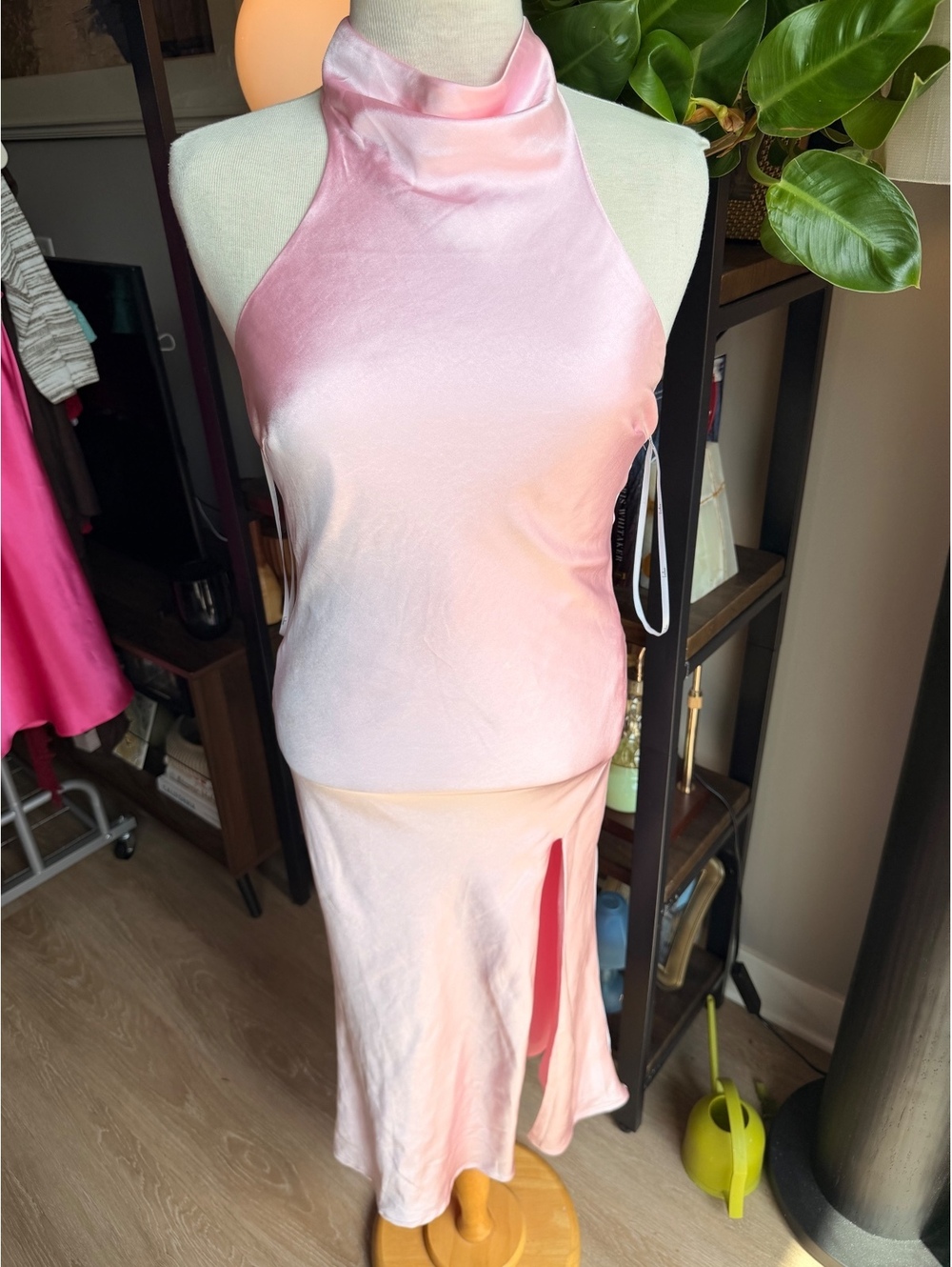 NWT Lulus Pink Satin Halter Maxi Dress XS High Neck Backless Side Slit